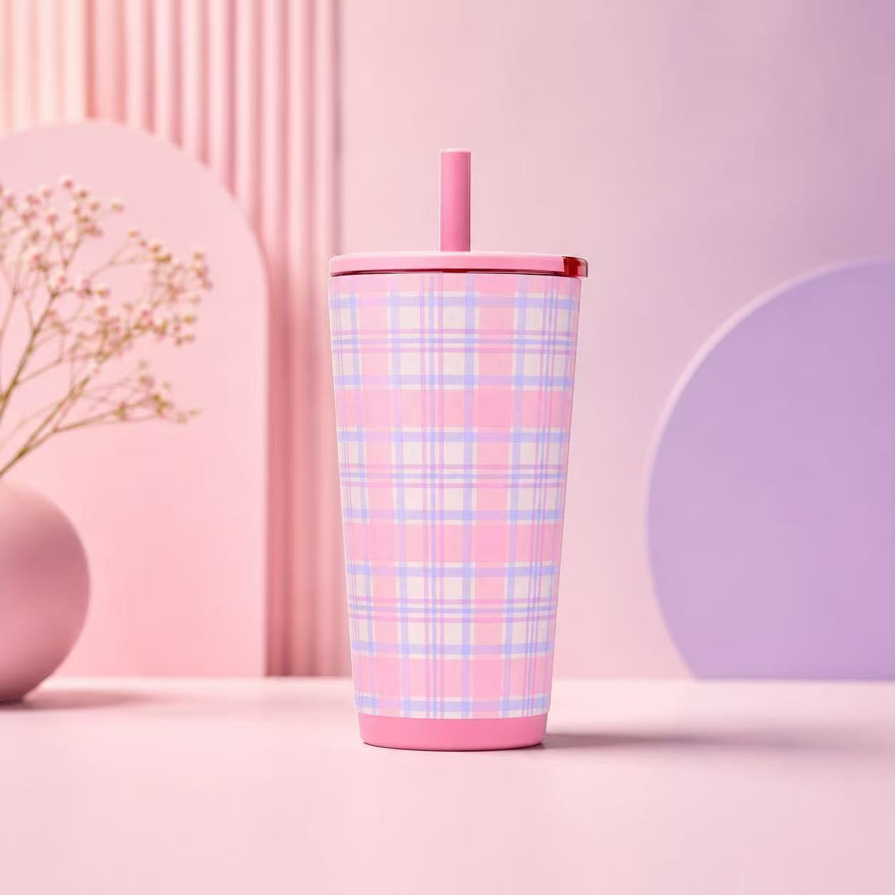 Pink and lavender plaid tumbler with matching straw